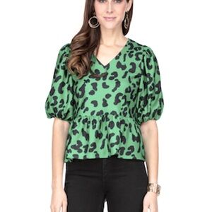 Jade Green Cheetah Top Puff Sleeve Peplum Sz S
